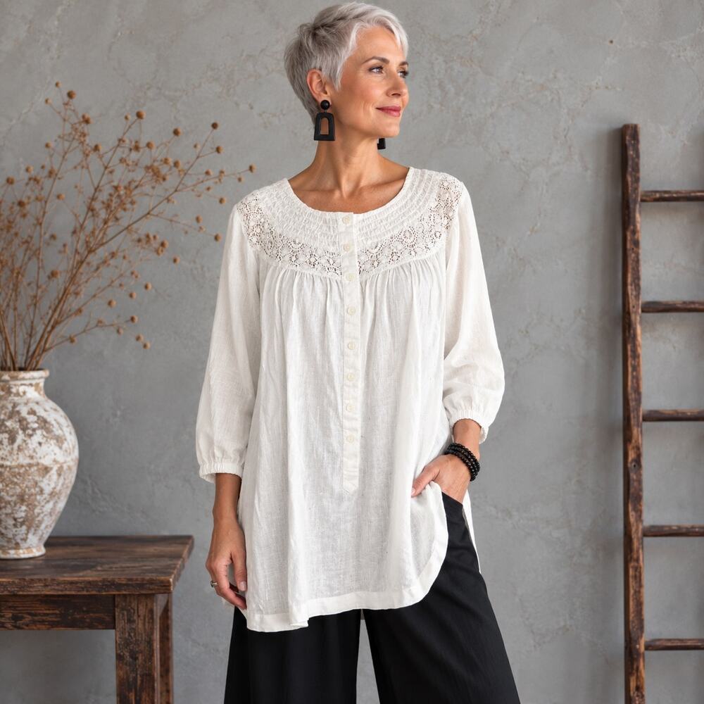 Chico's White Smocked Linen 3/4 Sleeve Pop Over top 3